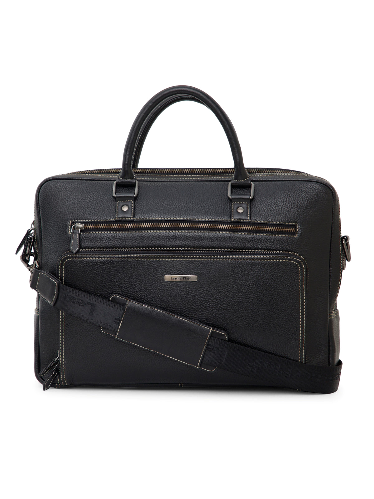 Contrast-Stitch Leather Laptop Bag