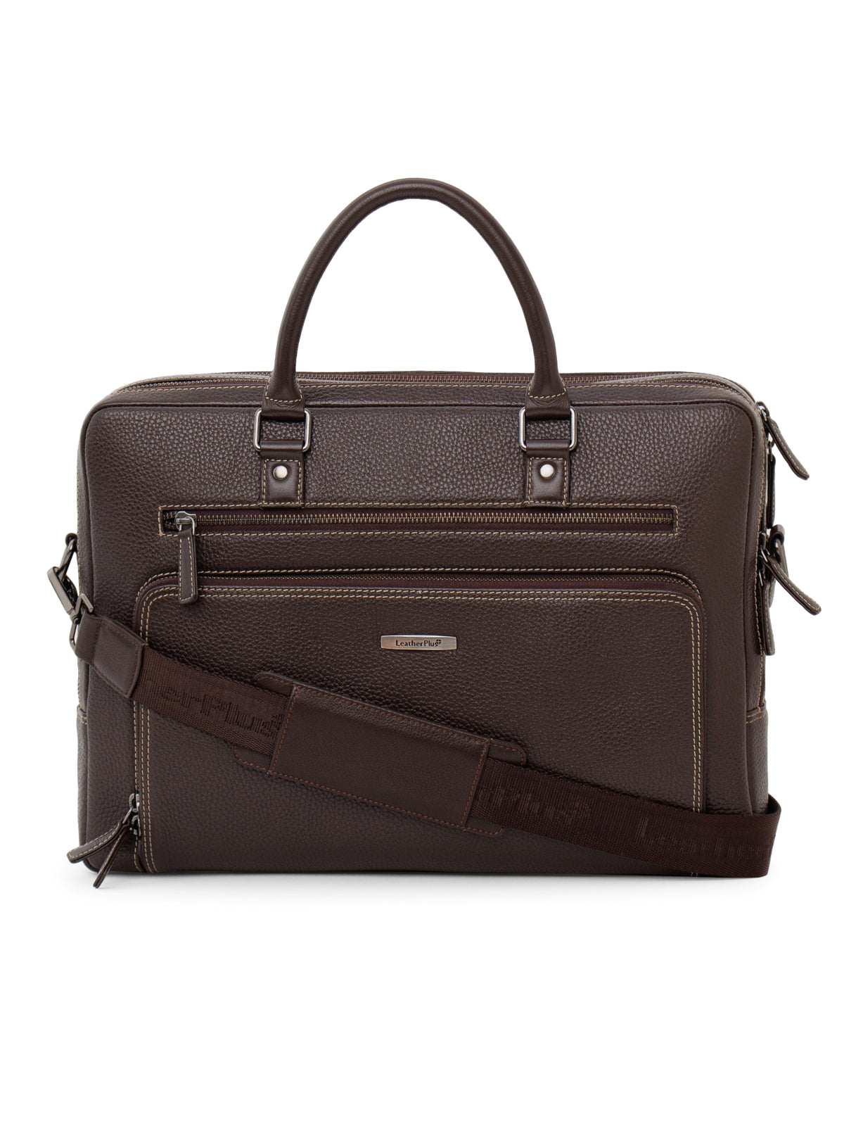 Contrast-Stitch Leather Laptop Bag
