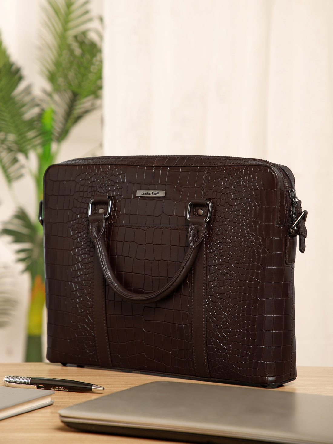 Croc-Embossed Leather Laptop Bag