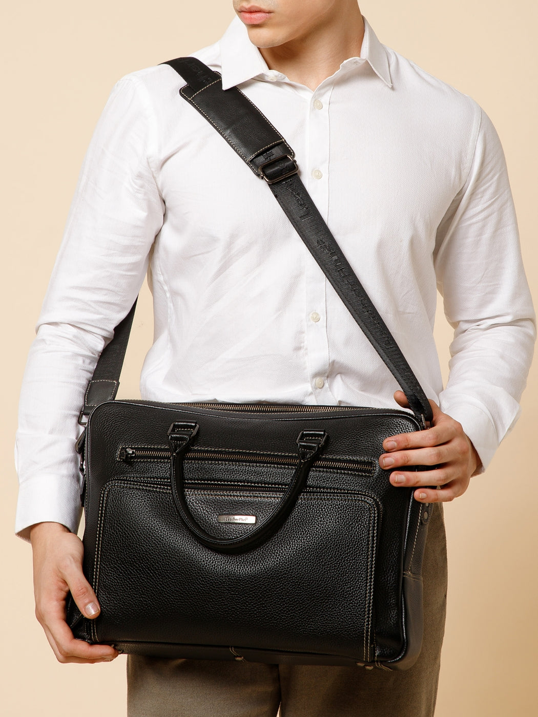 Contrast-Stitch Leather Laptop Bag