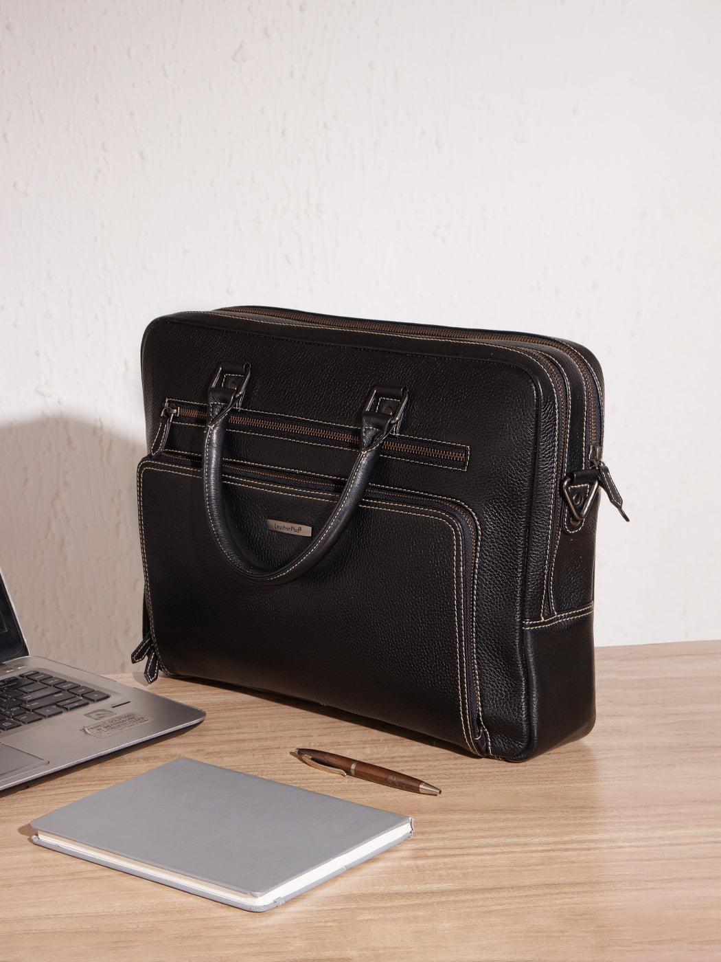 Contrast-Stitch Leather Laptop Bag