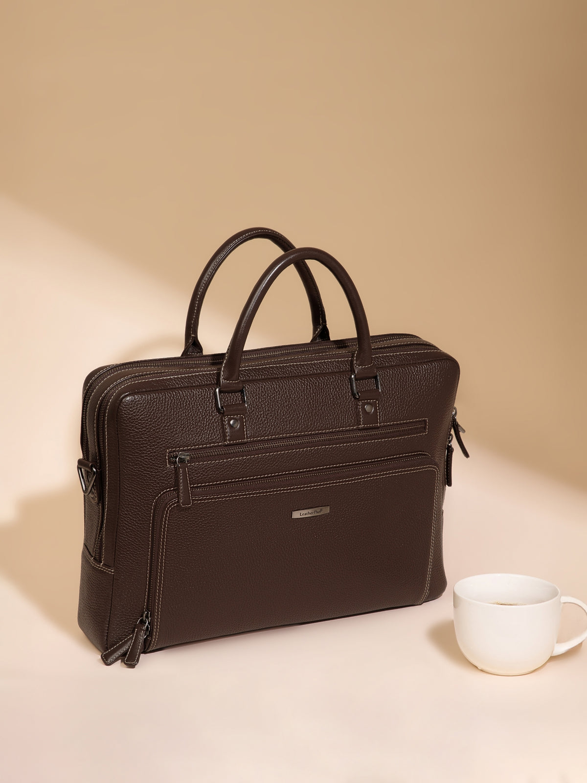 Contrast-Stitch Leather Laptop Bag