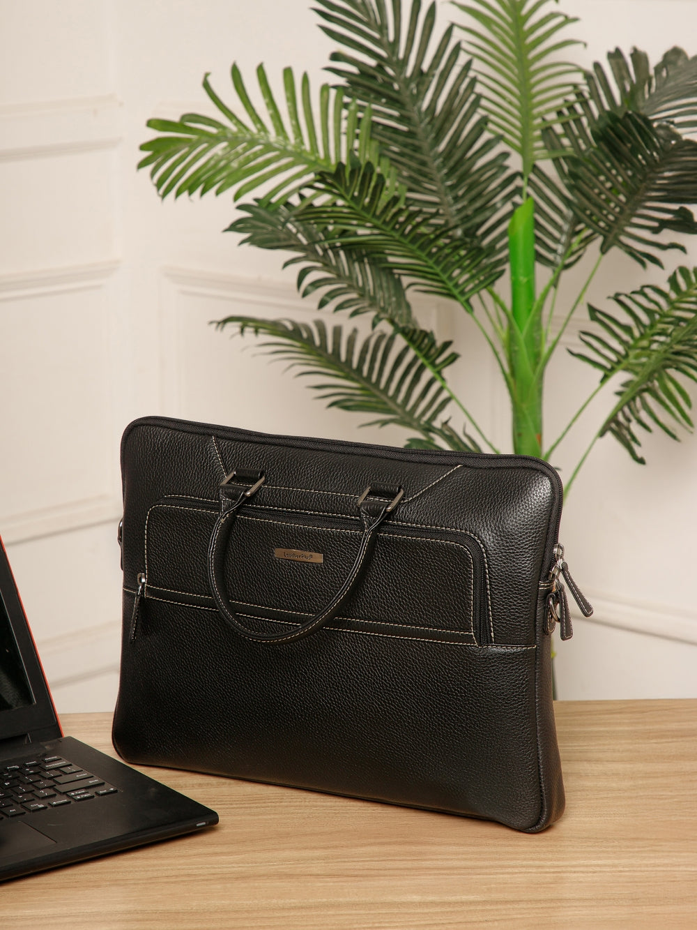 Contrast-Stitch Leather Laptop Sleeve
