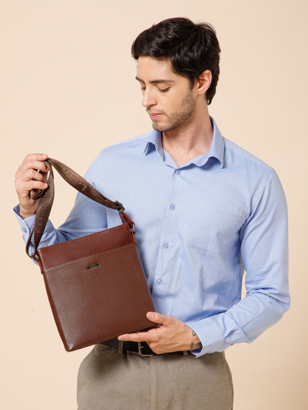 Saffiano Leather Men Sling Bag SGM-701 Brown