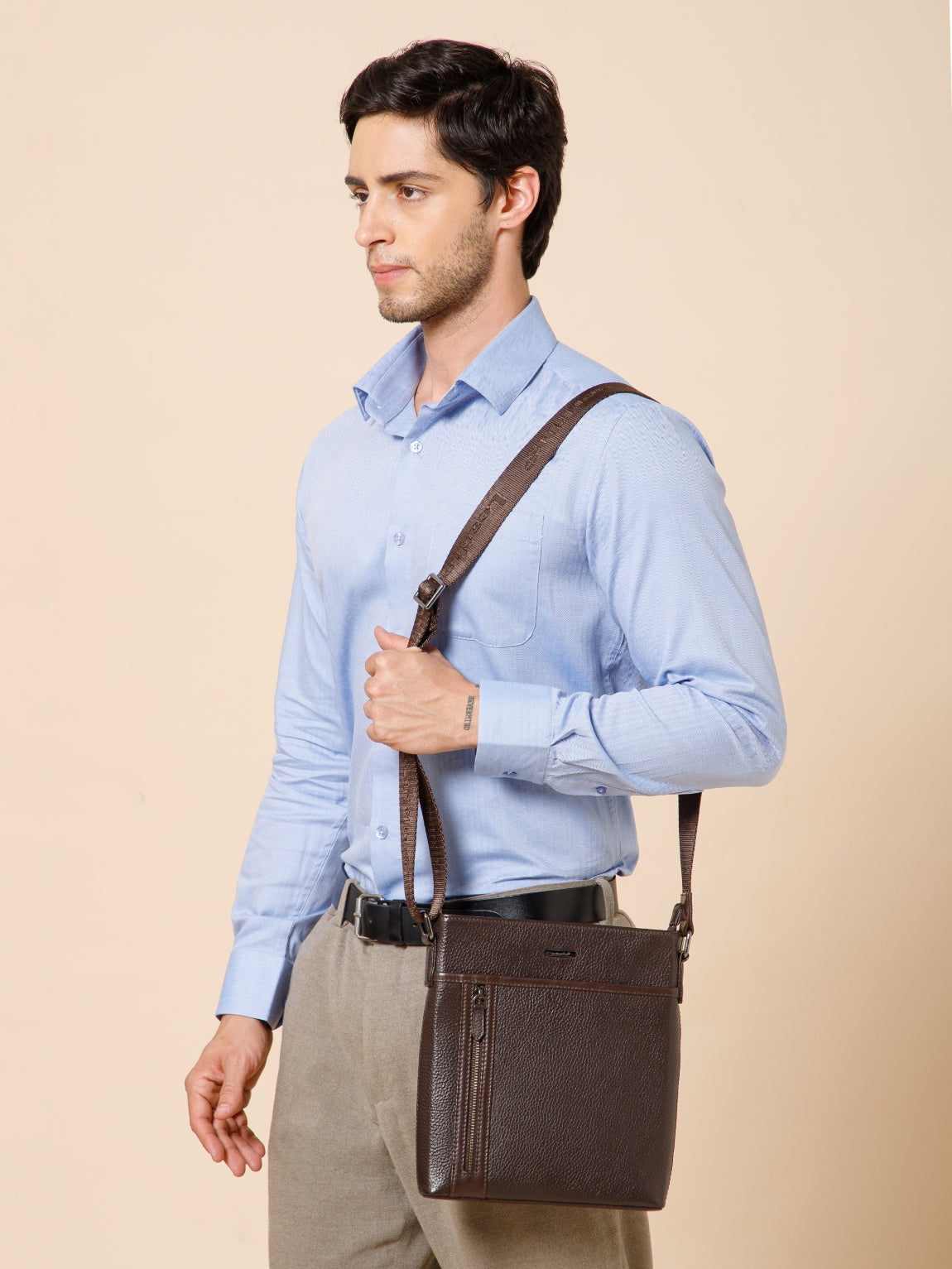 MIlled Leather Men Sling Bag SGM-601 Brown