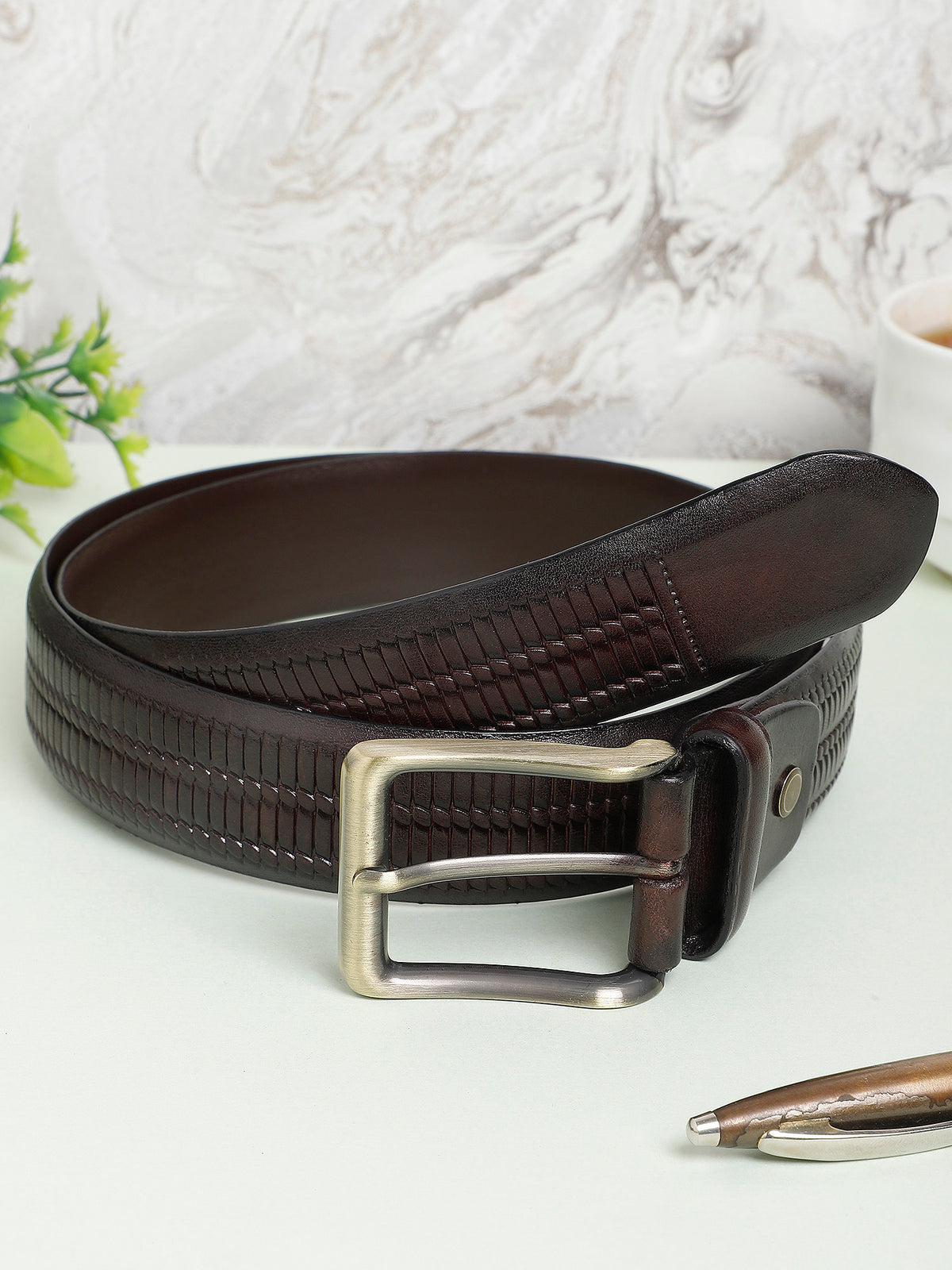 Dual-Texture with Basket Weave Leather Belt