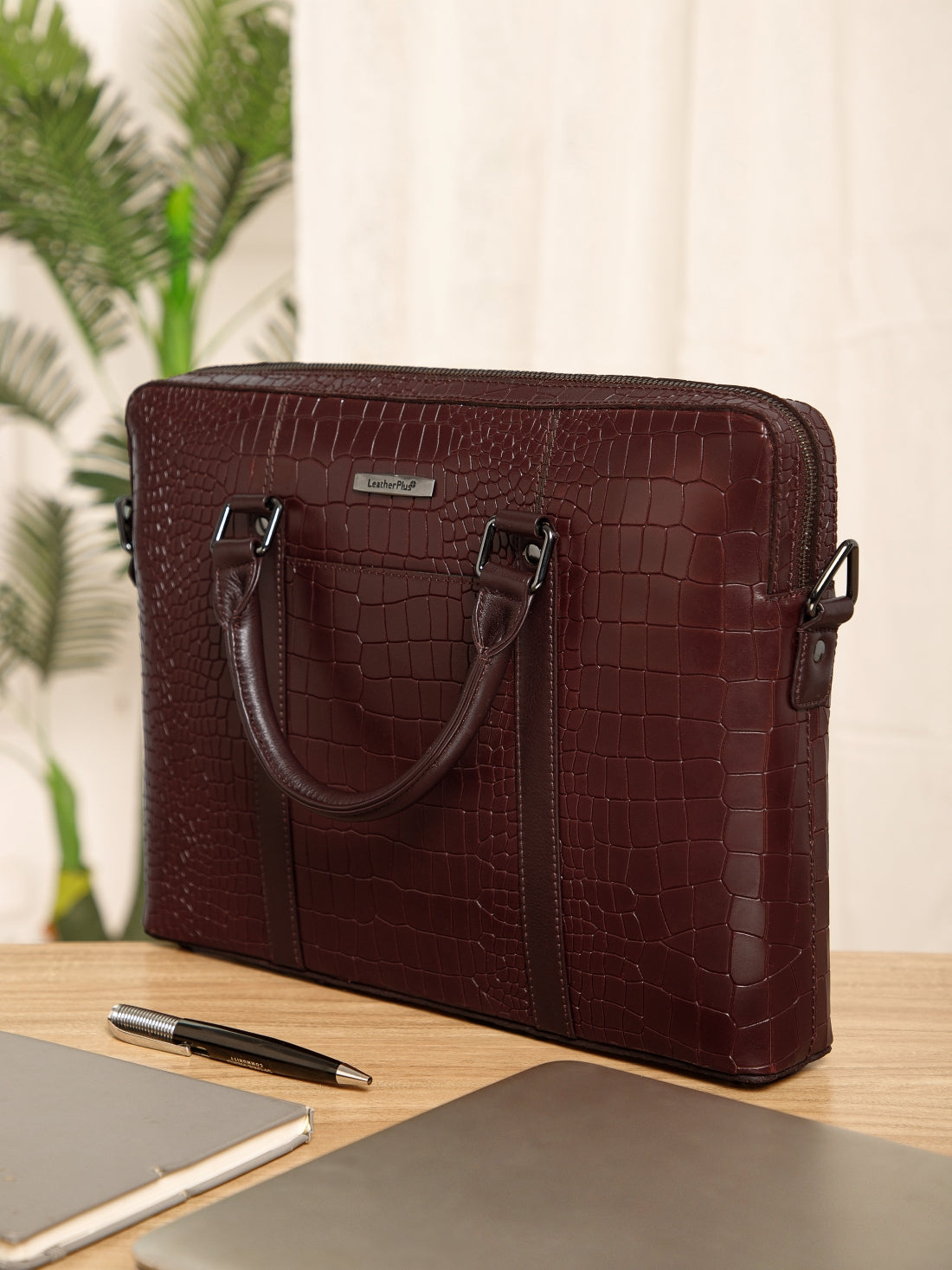 Croc-Embossed Leather Laptop Bag