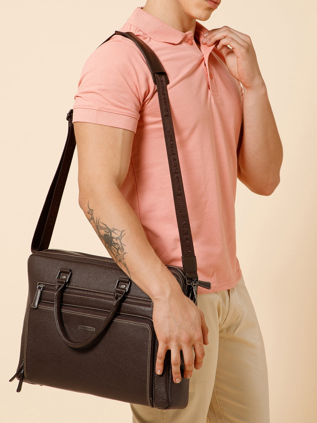 Contrast-Stitch Leather Laptop Bag