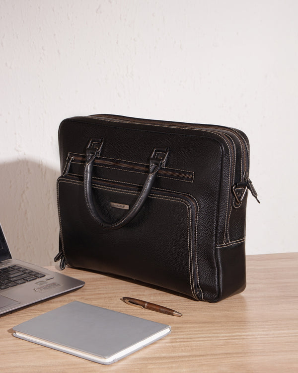Contrast-Stitch Leather Laptop Bag