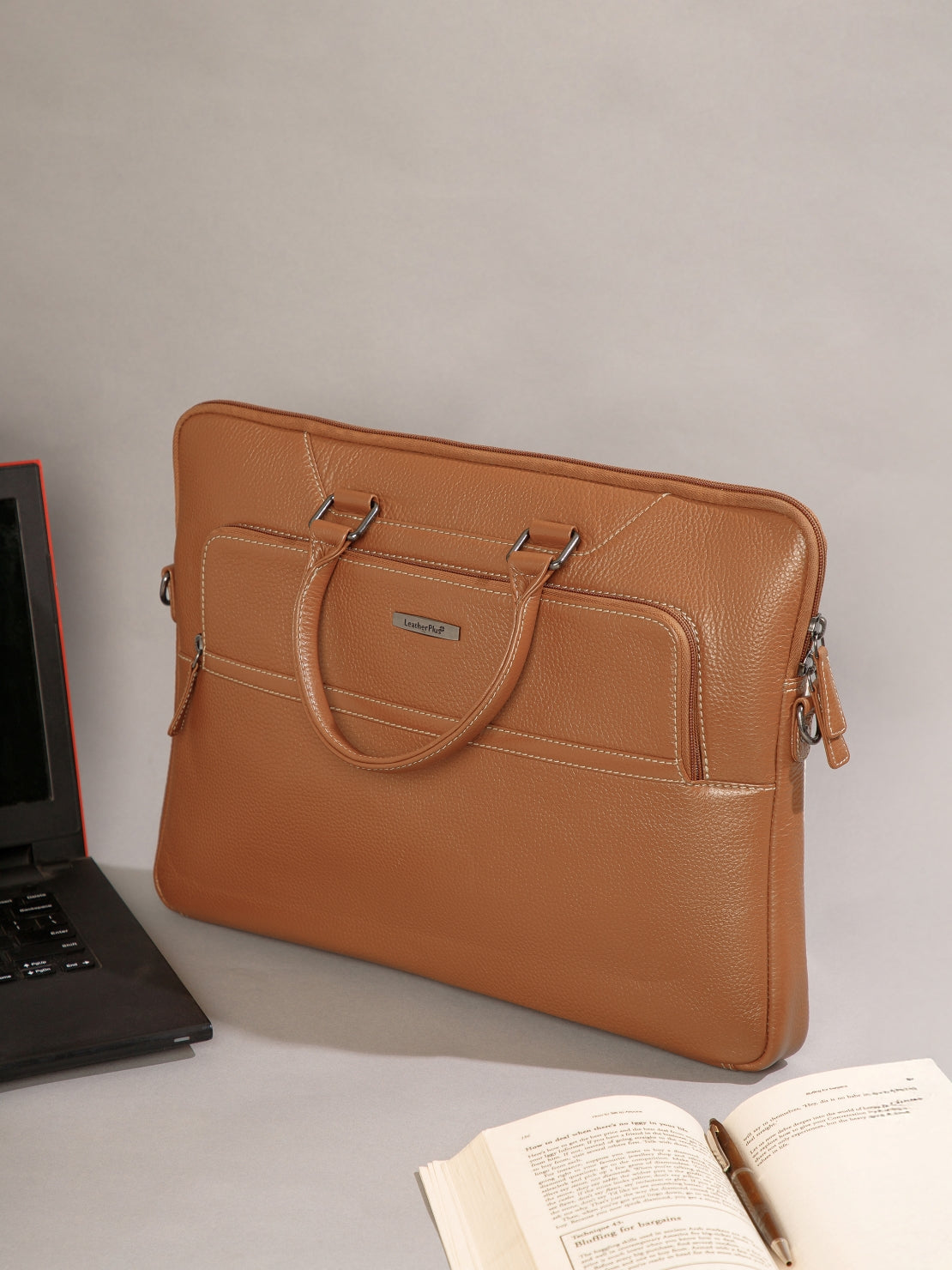 Contrast-Stitch Leather Laptop Sleeve