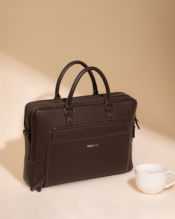 Contrast-Stitch Leather Laptop Bag
