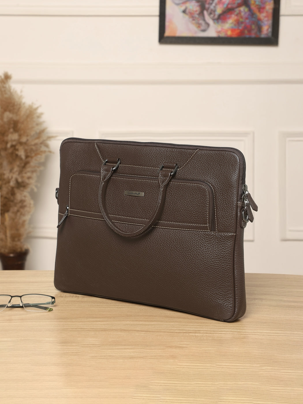 Contrast-Stitch Leather Laptop Sleeve