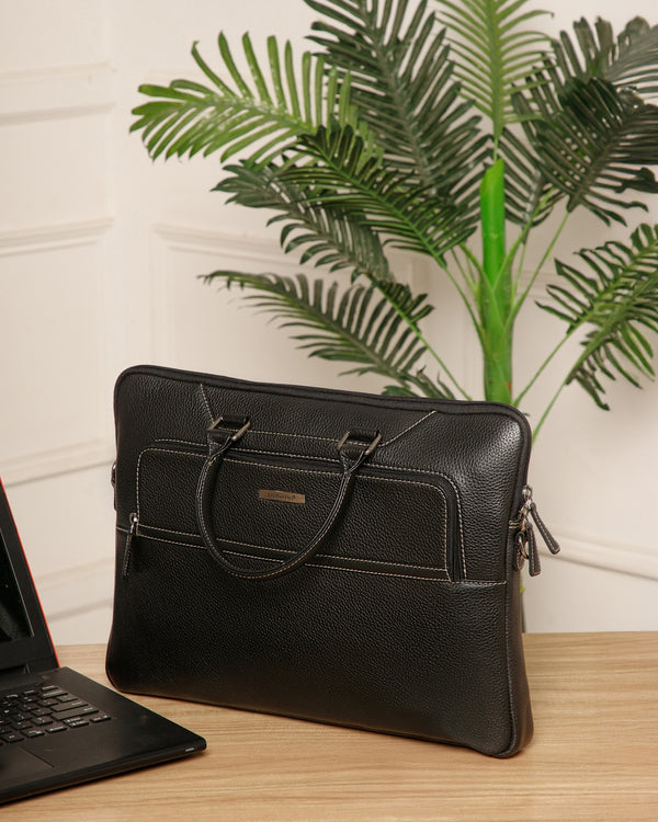 Contrast-Stitch Leather Laptop Sleeve