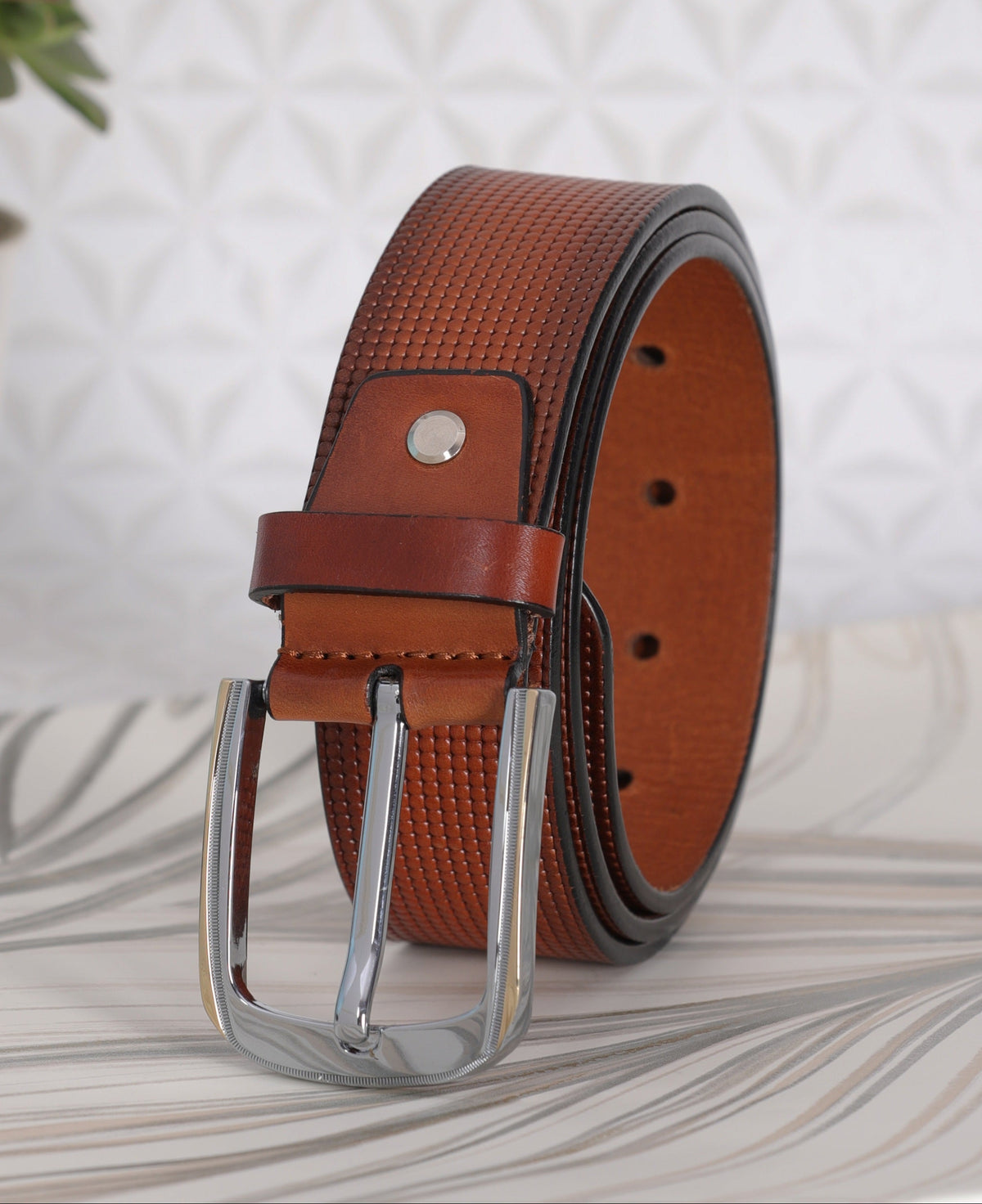 Micro Grid Texture Crafted Leather Belt
