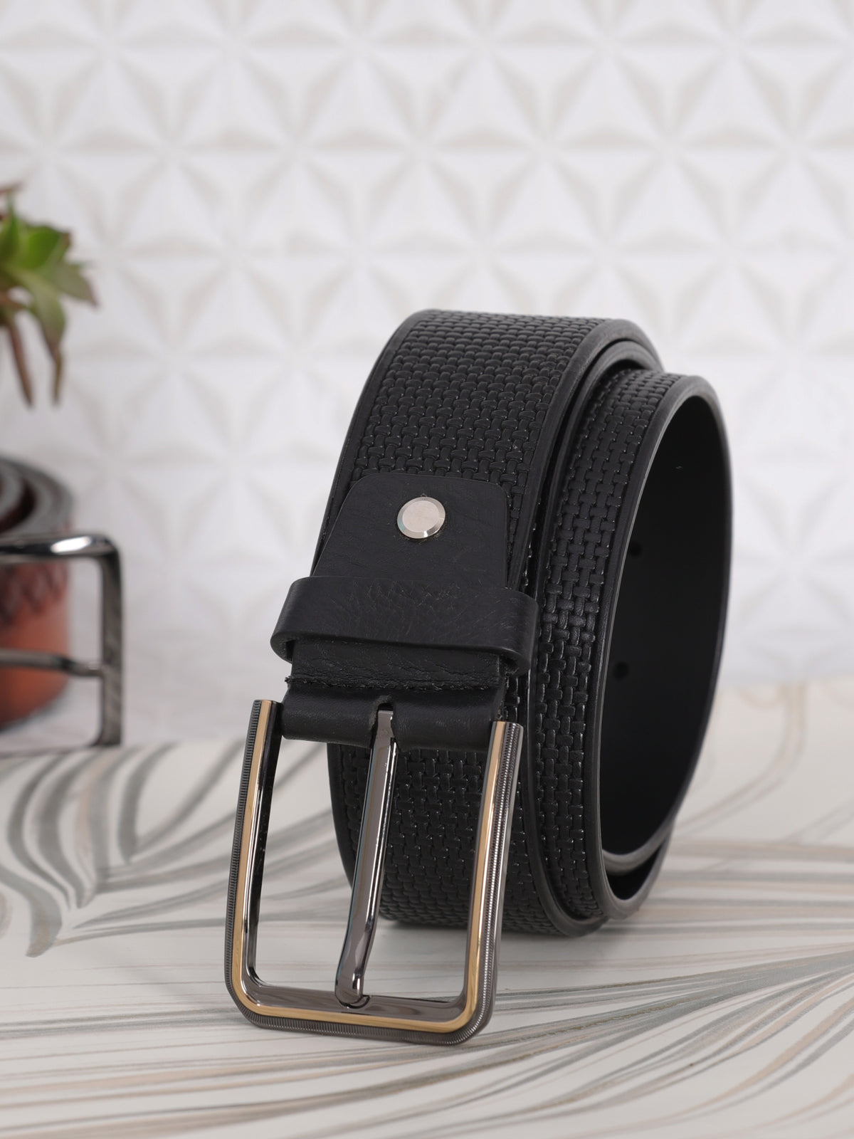 Braided-Look Embossed Leather Belt