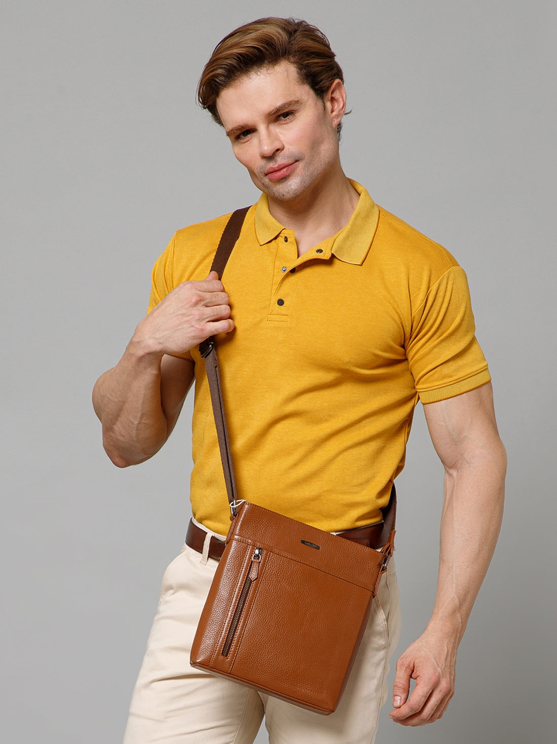 MIlled Leather Men Sling Bag SGM-601 Tan