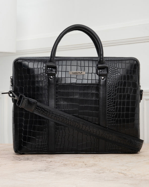 Croc-Embossed Leather Laptop Bag