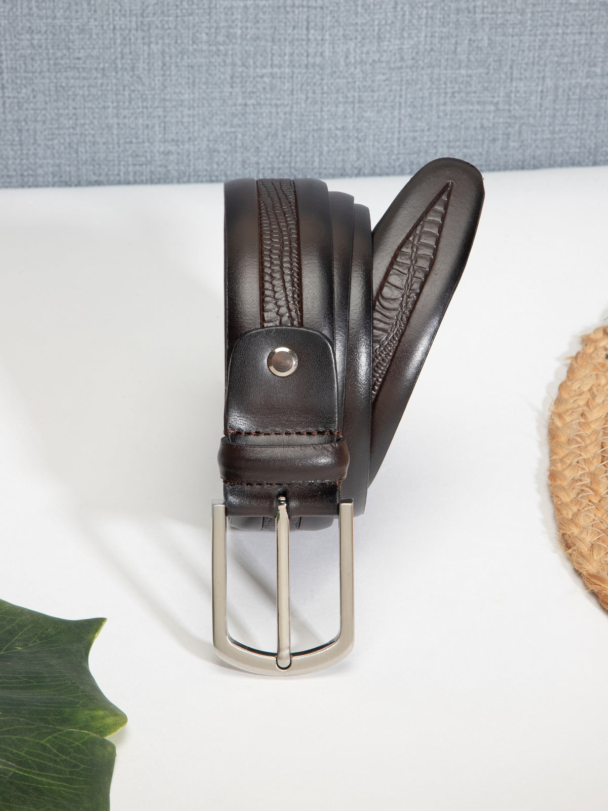 Edge Stitch Embossed Formal Leather Belt