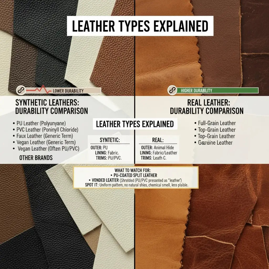Leather types comparison between synthetic and real leather